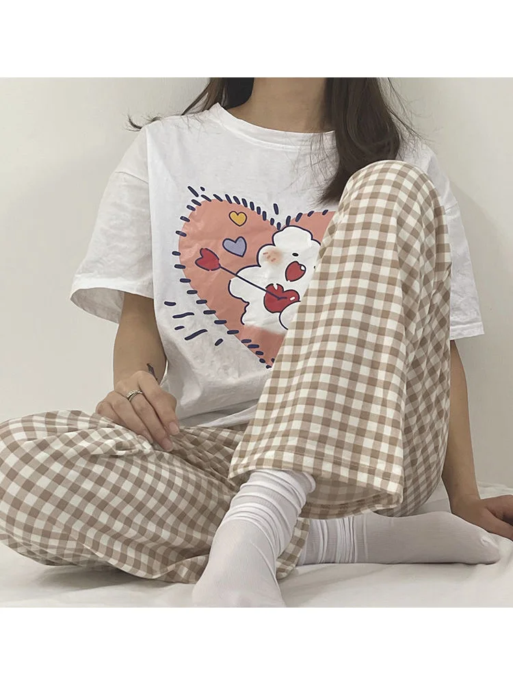 HOUZHOU Haki Ekose Pantolon Kadın Harajuku Boy Temel Geniş Bacak Damalı Pantolon Kore Moda Kawaii Sevimli Rahat Pijama