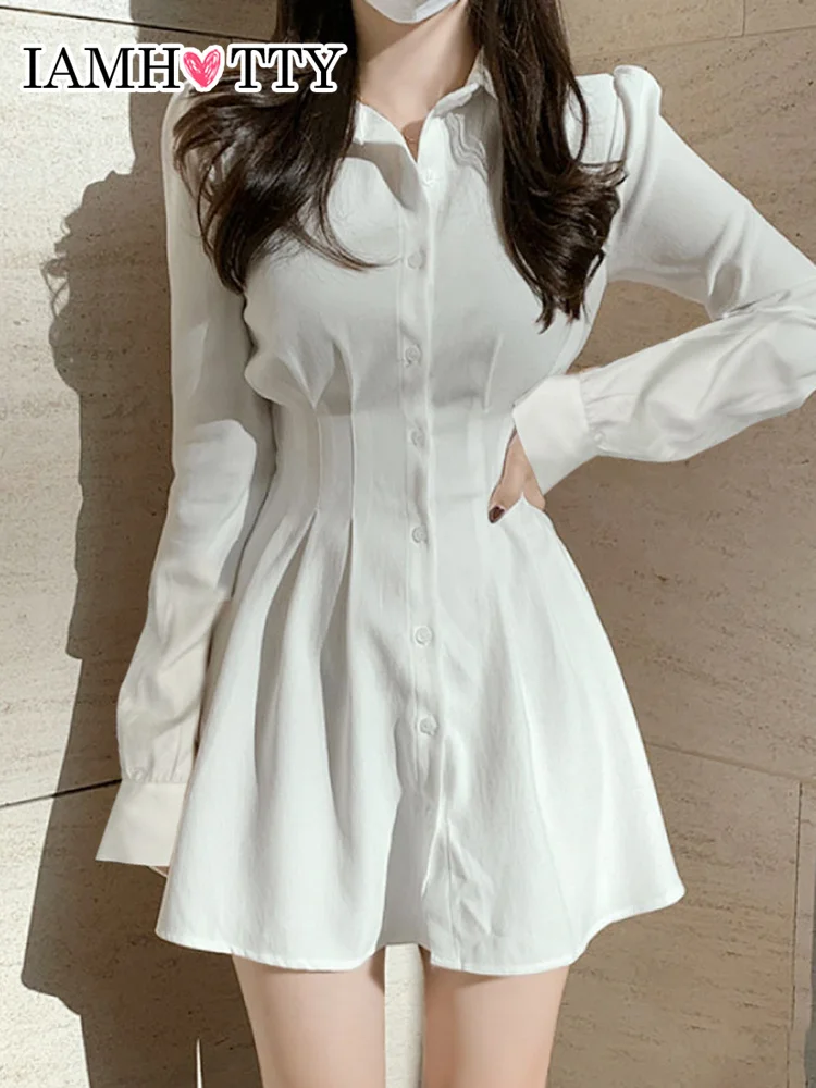 IAMHOTTY Tek Göğüslü Gömlek Elbise Beyaz Geri Bandaj A-line Bluz Elbiseler Kore Tarzı Moda Tatlı Kıyafet Şık İnce Elbise
