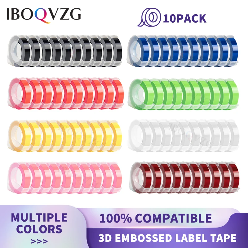 IBOQVZG 10 Adet Renkli dymo için Uyumlu 3D Kabartma Bantlar 9mm DIY Plastik Kabartma Etiket Dymo 1540 Motex E101 Yazıcı