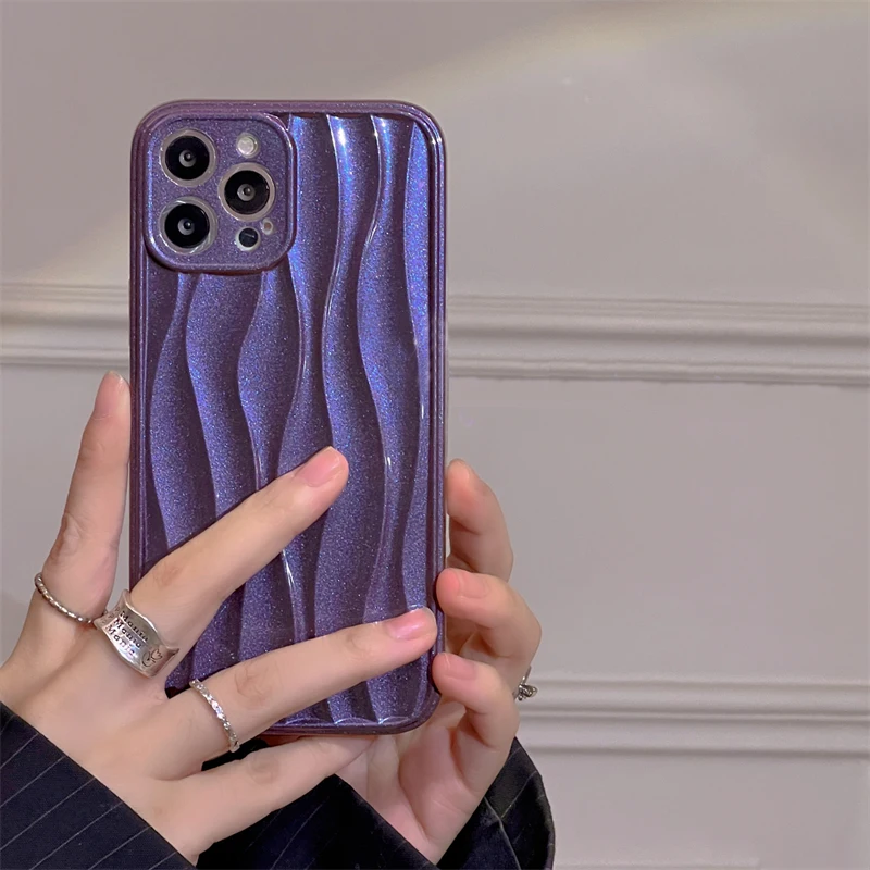 INS 3D Glitter Mor Dalga Hattı Sanat Pop Kız Telefon Kılıfı İçin iPhone 14 13 11 12 Pro Max 14 Artı Durumda Sevimli Su Dalgalanma Arka Kapak