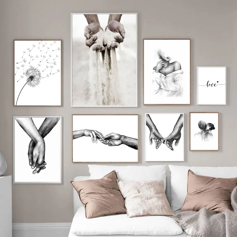 Iskandinav Siyah Beyaz Romantik El Aşk Tırnaklar Tuval Boyama Posterler ve Baskılar Duvar Sanatı Moda Resim Odası Ev Dekor