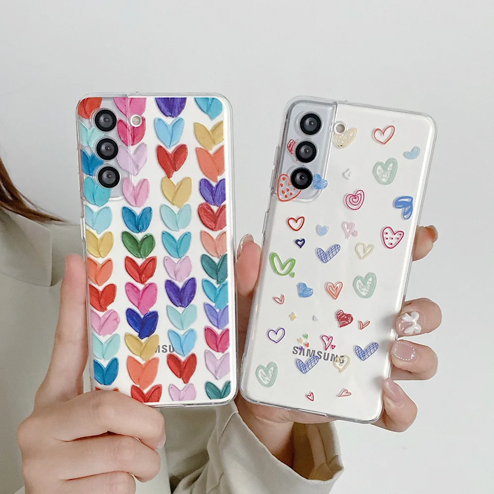 İnce cep telefonu Kılıfı İçin S22 Artı Renkli Aşk Kalp Kapak Samsung Galaxy S21 Ultra S20 + Temizle Sert Kapak
