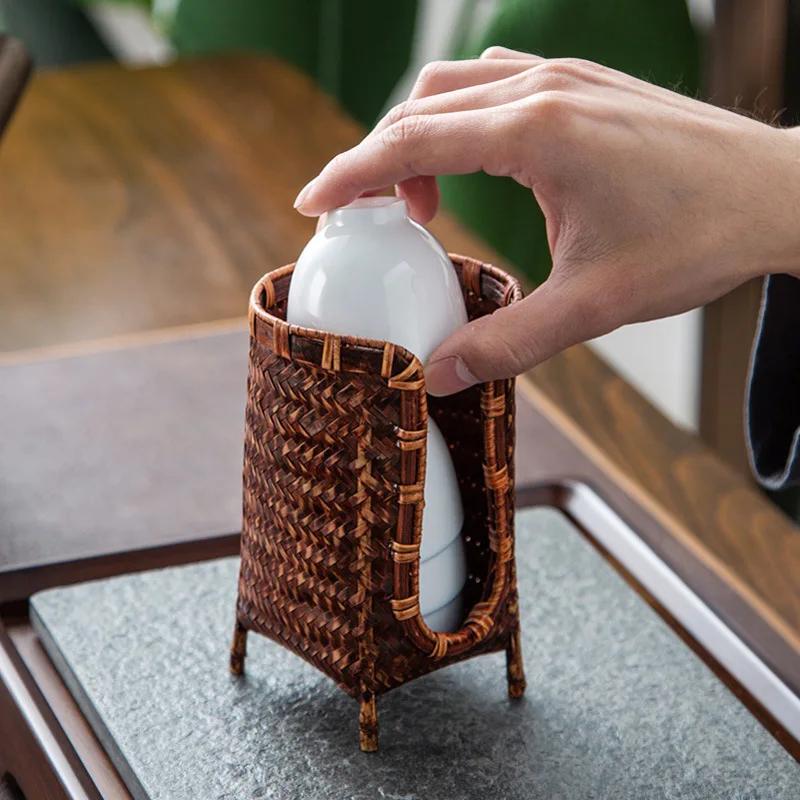 Japon tarzı Bardak Tutucu El Yapımı Depolama Sepeti Bambu Dokuma çay bardağı saklama kutusu Ev Kung Fu çay seti Aksesuarları