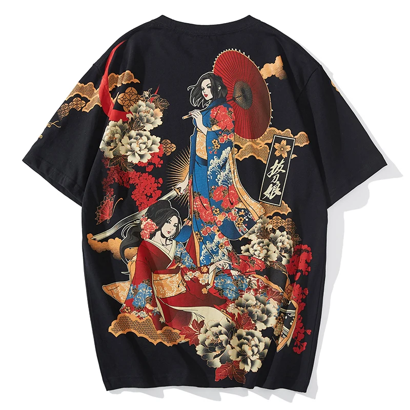 Japon tarzı rüzgar nefes baskı bıçak güzellik Samurai yuvarlak boyun kısa kollu yaz kişilik yakışıklı pamuklu tişört