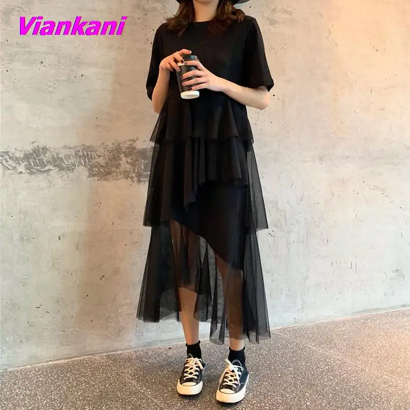 Kadın Elbise Yaz Kore Ekleme Pilili Tül T shirt Elbiseler Kadın 2022 Moda Büyük Boy Siyah Gri Renk Elbise Elbise