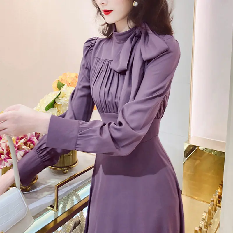 Kadın Fransız zarif mor elbise 2021 yeni Kore versiyonu vintage pilili orta uzunlukta elbise ilkbahar ve sonbahar kız
