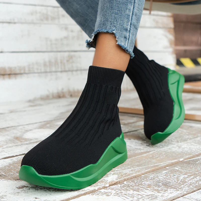 Kadın yarım çizmeler Örme Çorap Platformu Kadın Slip-on Bayanlar Rahat Rahat Özlü Moda 2023 Yeni Öğrenciler kısa çizmeler