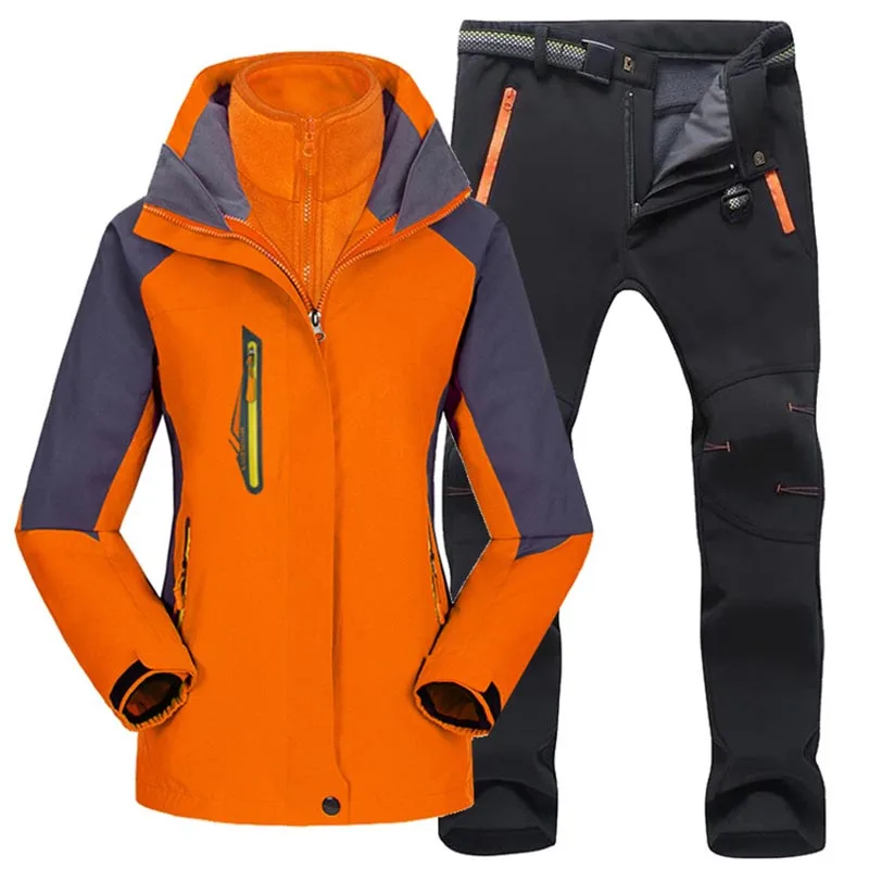 Kadın yürüyüş ceketi ve Pantolon Kayak takım elbise Kış Polar astar kalın Termal ceket Açık Su Geçirmez Rüzgar Geçirmez dağcılık giyim