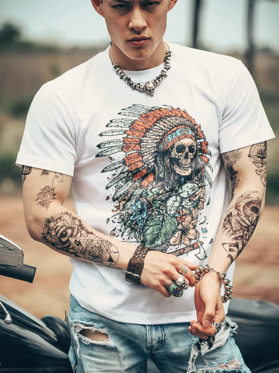 Kafatası Batı Rock Grubu Kafatası Ağır Metal Pamuk kısa kollu tişört Erkek Etnik Hint Kafa Portre