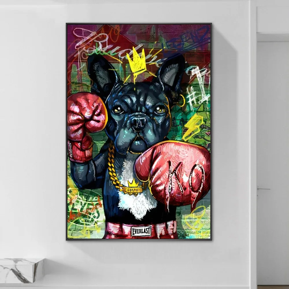 Komik Köpek Boxer Graffiti Duvar Sanatı Sevimli Bulldog Boks Kral Dekor Posteri Ve Baskılar Moda Tuval Boyama Oturma Odası İçin