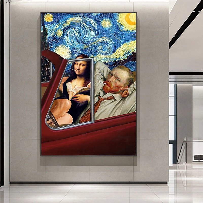 Komik Sanat Van Gogh ve Mona Lisa Sürüş Sanat Tuval Posterler Soyut Sigara Yağlıboya Tuval Duvar Resimleri Ev Dekorasyonu