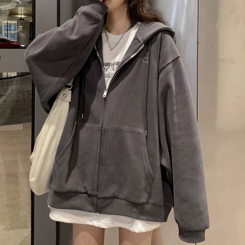 Kore Tarzı fermuarlı kapüşonlu kıyafet Kadın Kış Rahat Düz Renk Gevşek Ceket Palto Vintage Streetwear Uzun Kollu Kapüşonlu Sweatshirt