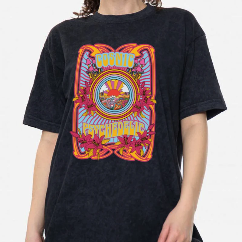 Kozmik Psychedelic 70s Retro T Shirt Büyük Boy Çiçek Baskı Kadın Tişörtleri Vintage Estetik T-shirt Cadı Gömlek Hippi Giysileri