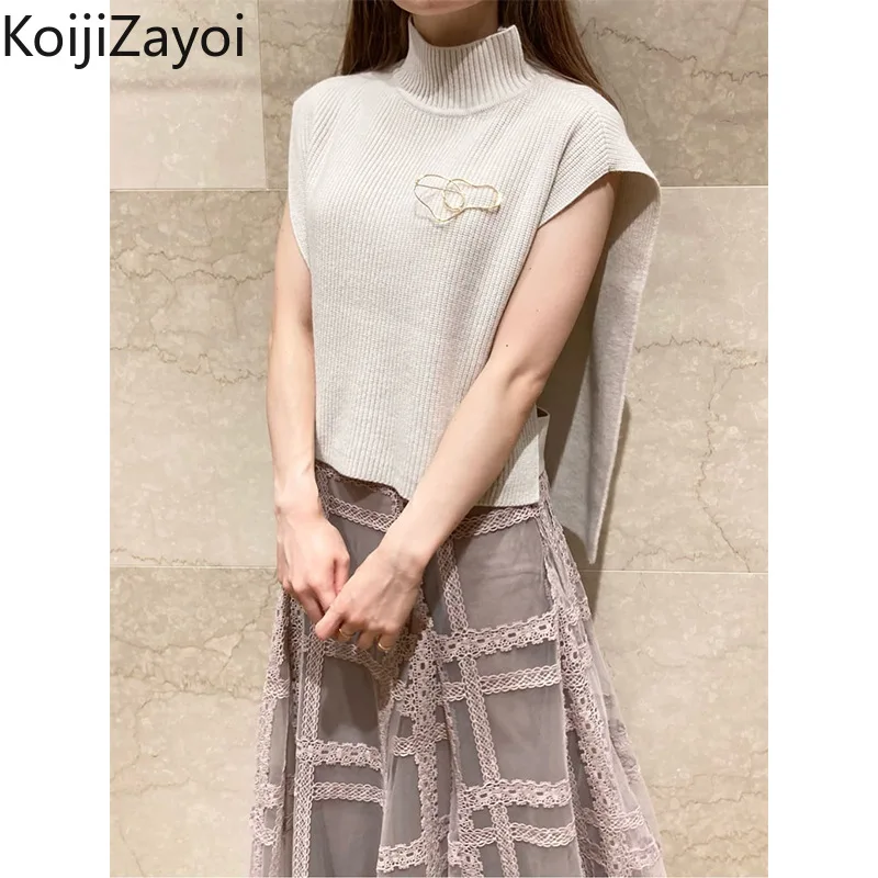Koıjzayoı Zarif Kadın Örme Kazaklar Kırpılmış Katı Kolsuz O Boyun Ofis Bayan Japon Kaşkorse Şık Dış Giyim Tops 2022