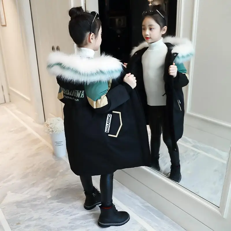 Kızlar Kış Ceket Büyük Kürk Yaka Ceket Kalınlaşmış Çocuk Pamuk dolgulu giysiler Uzunluk Kalınlaşmak Parka Palto Çocuk Kapşonlu Giyim