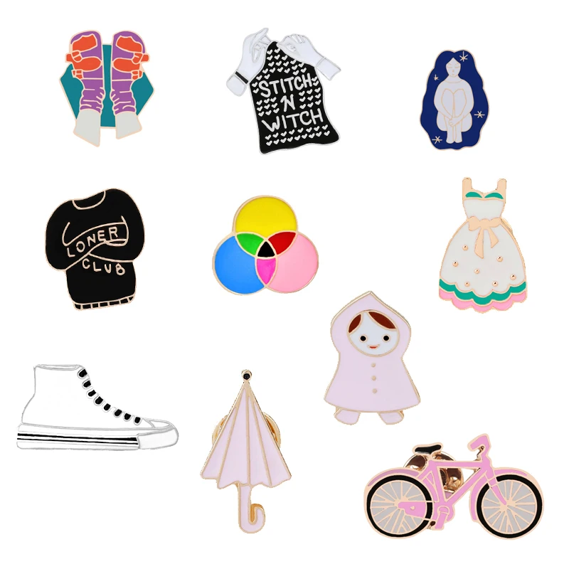 Kızlar Sevgilisi Karikatür İğne bisiklet Çorap Etek Ayakkabı Şemsiye Moda Broş Rozeti Emaye Pin Düğmesi Denim Lapels Aksesuarları