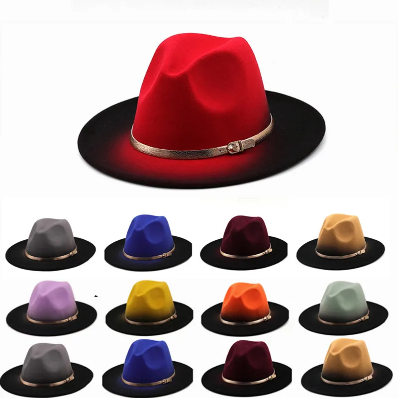 Kış Kadın Degrade altın kemer Fedora Şapka Geniş Ağız Kilise Derby silindir şapka Panama Erkekler yapay İngiliz tarzı Caz Kap