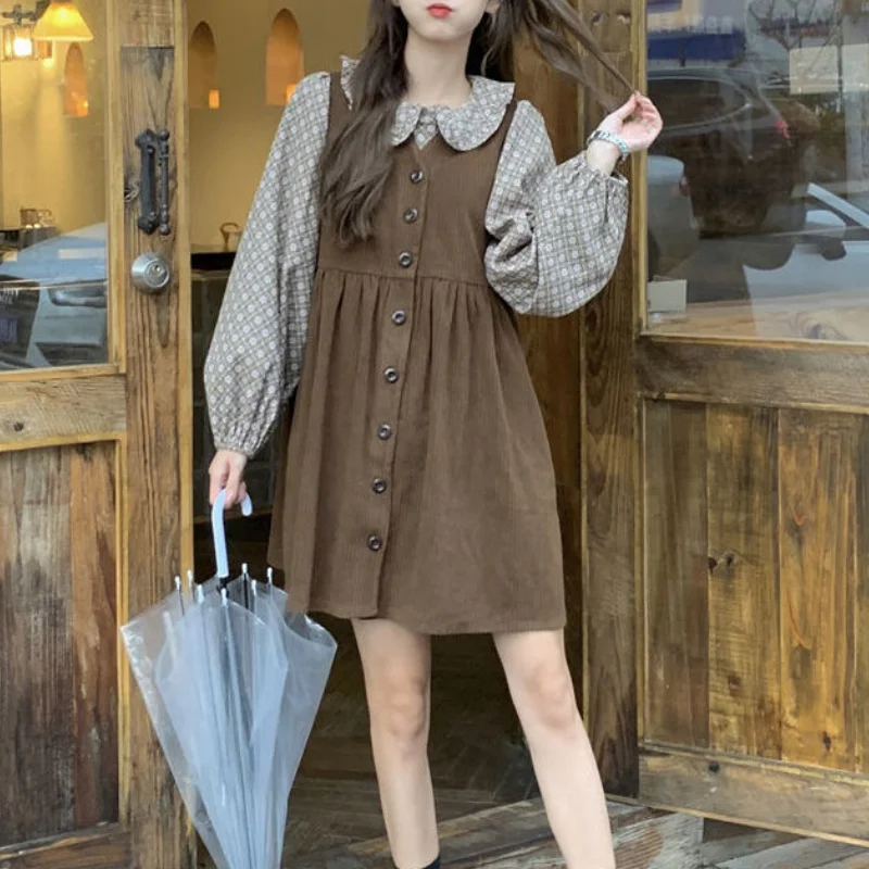 Kış Vintage İki Parçalı Set Kadın Ekose Patchwork Tatlı Parti Mini Elbise Takım Elbise Kadın Rahat Kore Tarzı Kawaii elbise seti 2021