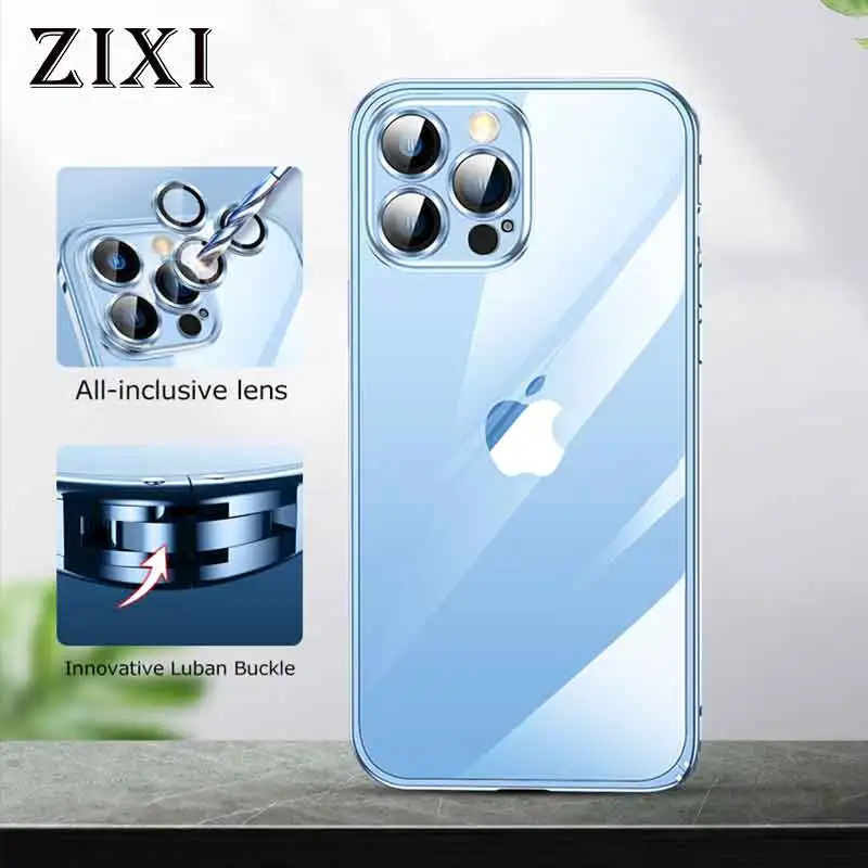 Lüks Metal Kasa iPhone 14 13 12 Pro Max 14 Artı Alüminyum Toka Çerçeve Şeffaf Arka Panel HD Cam Lens Filmi Koruma