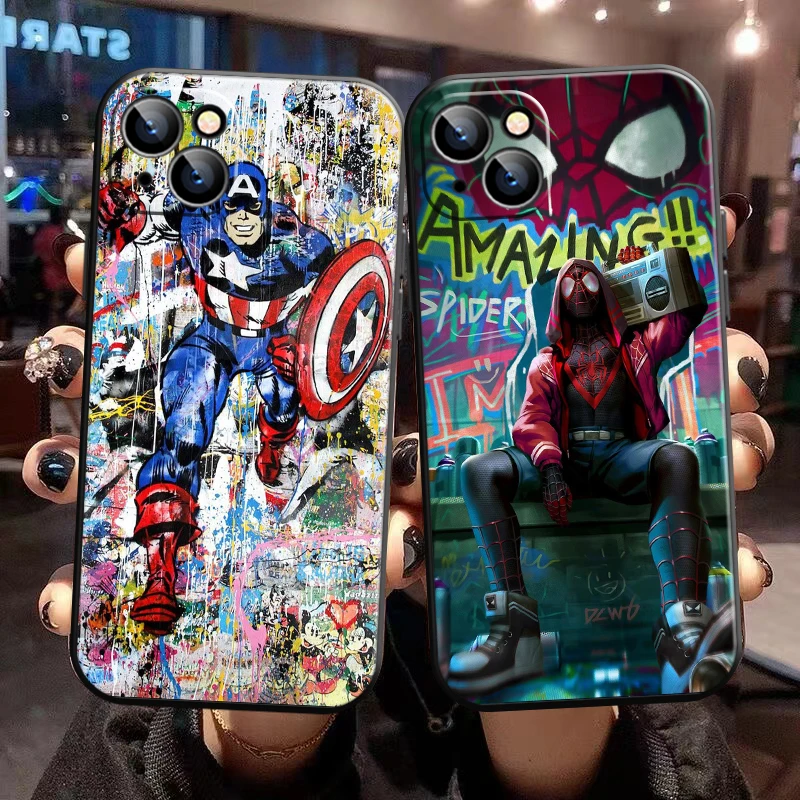 Marvel Örümcek Adam Graffiti iPhone 14 13 12 11 Pro Mini X XR XS Max SE 7 8 Artı telefon Kılıfı Kapak Geri Siyah Sıvı Silikon