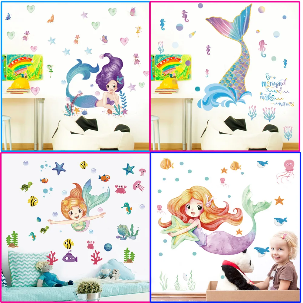 Mermaid Prenses Peri Masalı Karikatür duvar çıkartmaları çocuk Odası Kız Yatak Odası Anaokulu Çıkartmalar Su Geçirmez Çıkartmalar