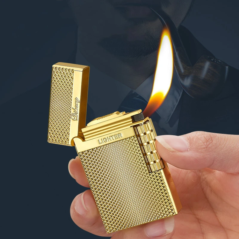 Metal Marka Yeni Yüksek Sesle Yan Sürgülü taşlama Çakmak 45 ° Eğimli Yangın Borusu Rüzgar Geçirmez Çakmak Puro Sigara erkek Gadget