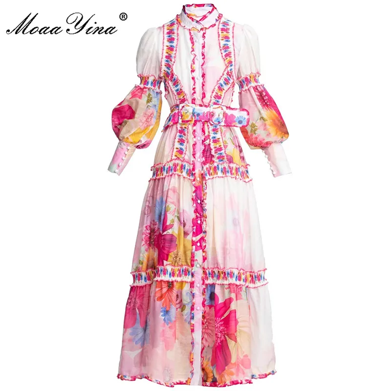 MoaaYina Moda Tasarımcısı elbise Sonbahar kadın Elbise Fener kollu Çiçek Baskı Tek göğüslü Sashes Zarif Tatil Elbiseler