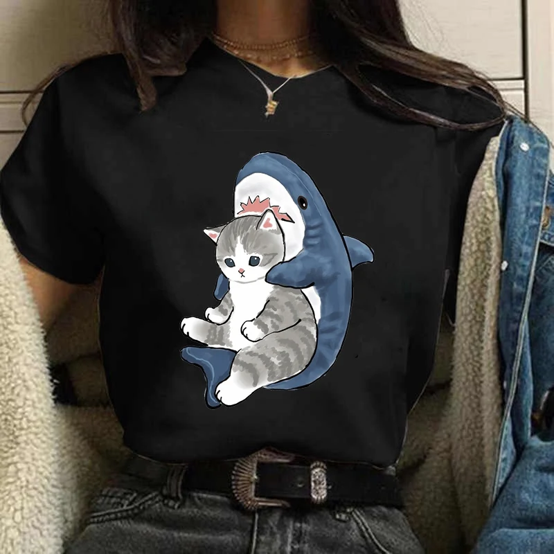 Moda Köpekbalıkları Ve Kediler Sevimli T-shirt kadın giyim Yaz Kısa kollu üst Minnie Rahat Kawaii T Shirt Elbise