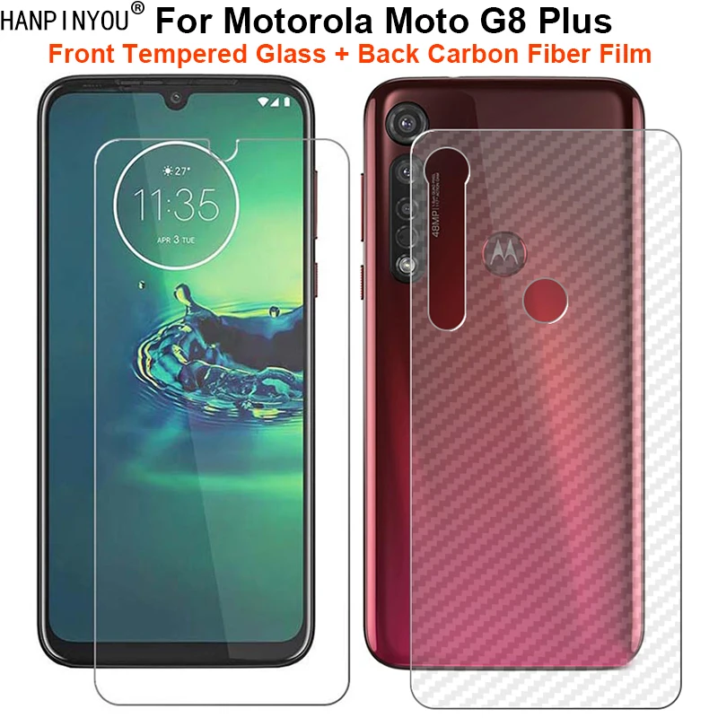 Motorola Moto G8 Artı 1 Takım = Yumuşak Arka Karbon Fiber Film Cilt Sticker + Ultra İnce Temperli Cam Ön Ekran Koruyucu