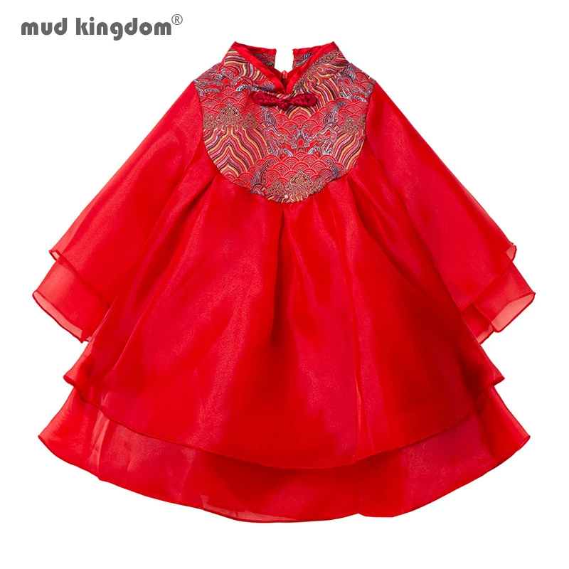 Mudkingdom Büyük Kız Elbise Ay Yeni Yıl Kız Qipao Elbise Kırmızı Cheongsam Çin Tang Elbise Çocuklar için uzun kollu giyim