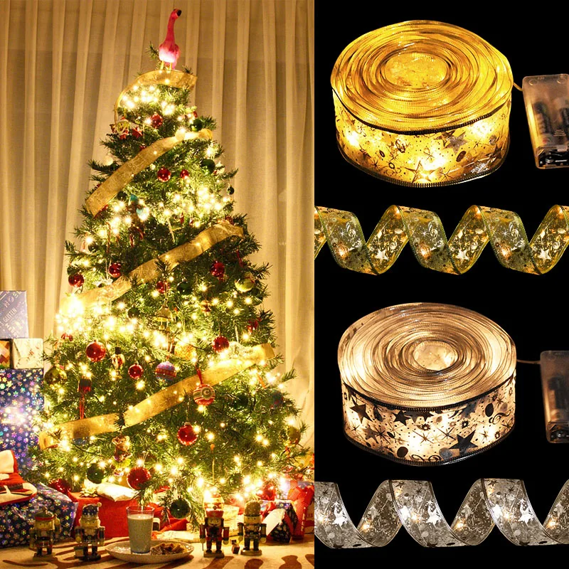 Noel dekorasyon ledi şerit ışıkları yılbaşı ağacı süsleri DIY dantel yaylar dize ışıkları Navidad ev dekorları yeni yıl 2023
