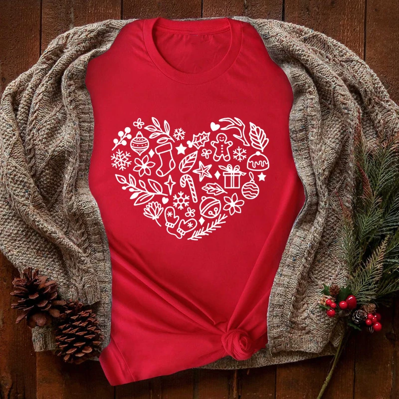 Noel Kalp %100 % pamuklu tişört Estetik Kış Kısa Kollu Grafik Tatil Hediye Tshirt Sevimli Kadınlar Merry Xmas Tees Tops
