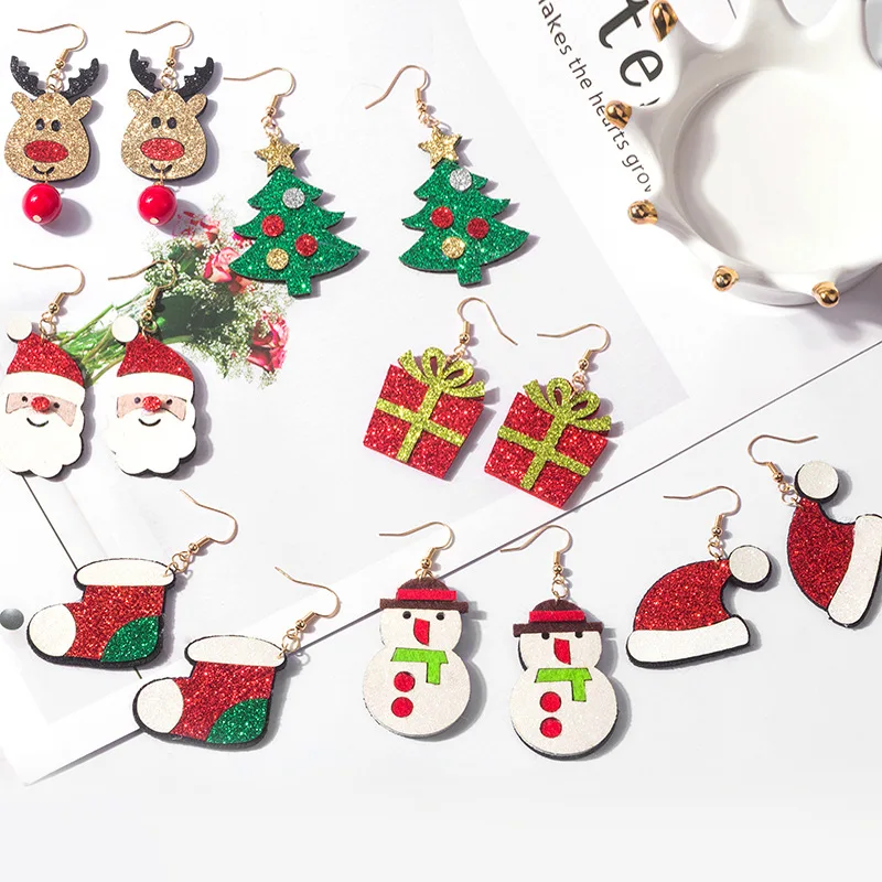 Noel Serisi Ren Geyiği Noel Baba Kardan Adam Baskılı Glitter Küpe Kız Dekorasyon Takı Aksesuarları