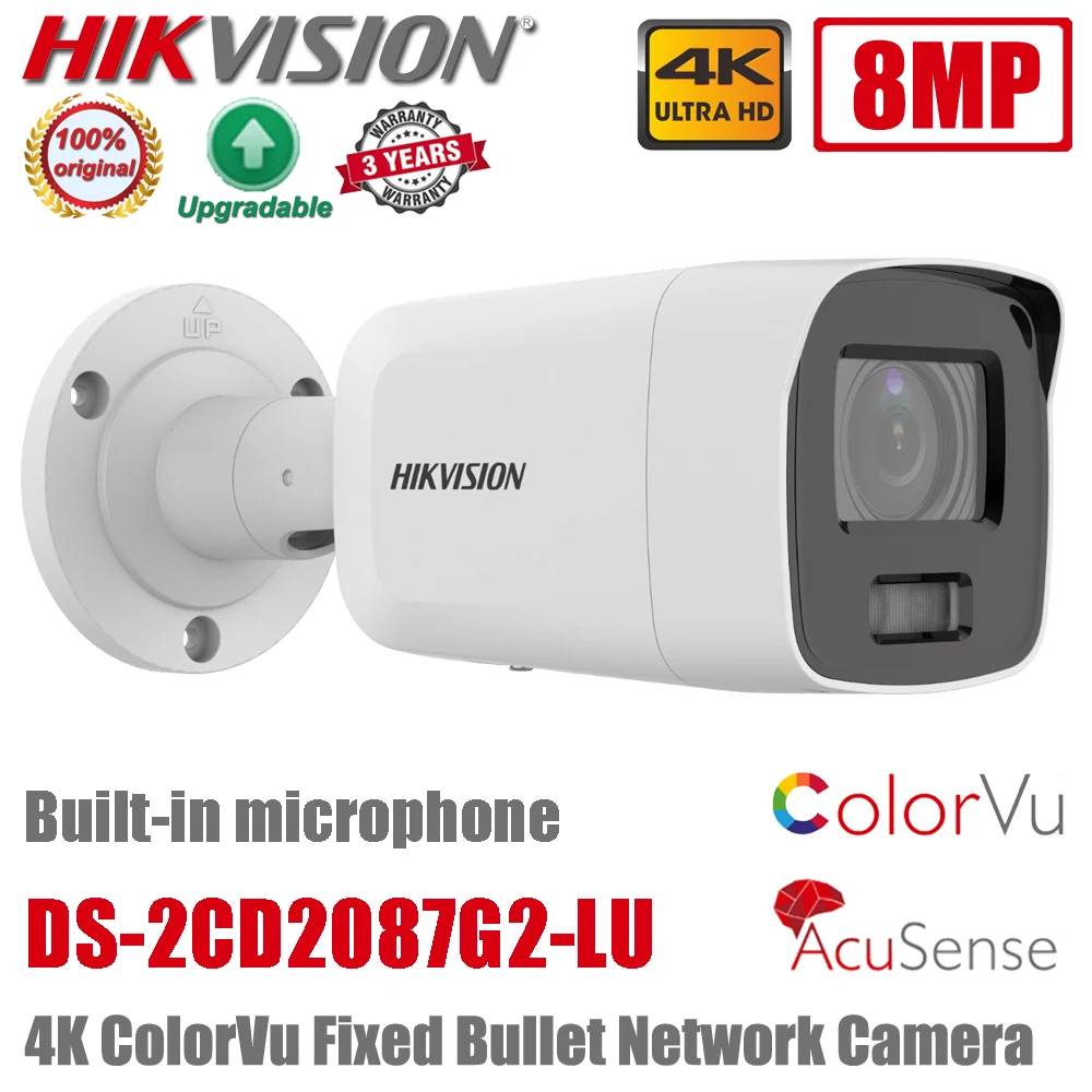 Orijinal Hikvision DS-2CD2087G2-LU 8MP 4K POE Dahili Mikrofon H. 265 + IP67 ColorVu Sabit Mermi CCTV Ağ IP Kamera Tam Renkli