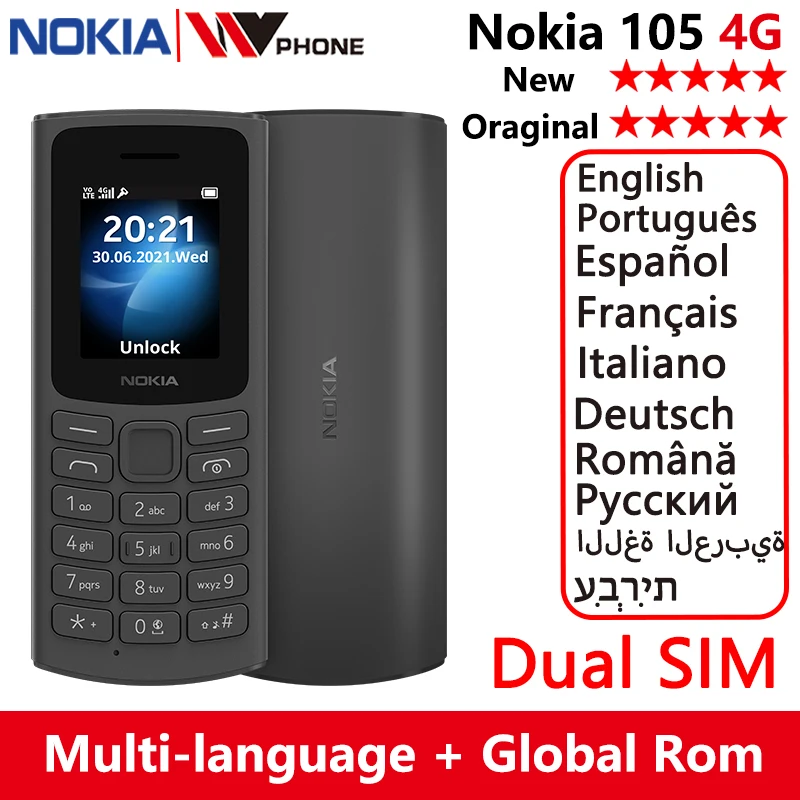 Orijinal Yeni Nokia 105 4G Çift SIM 1.8 inç Ekran 1020 mAh Pil Ultra uzun Bekleme El Feneri İle Oyunlar FM Radyo