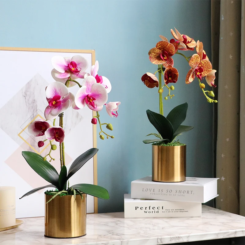 Orkide yapay çiçekler Gerçek Dokunmatik Şube Pembe Yapay Bitkiler Küçük Bonsai Pot Ev Dekor Vazo Düğün Dekorasyon