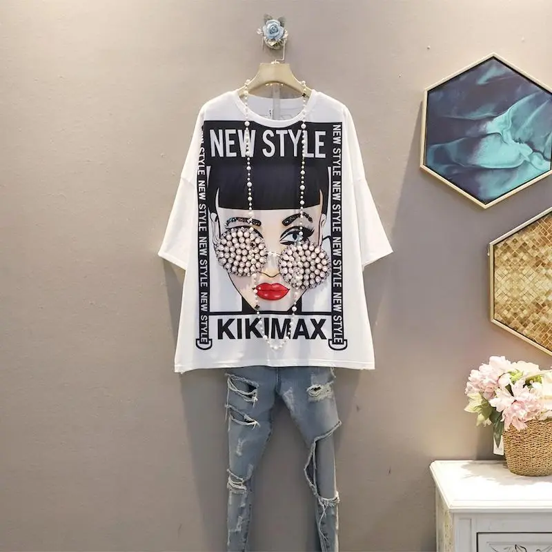 Pamuklu T Shirt kadın Trend moda boncuk T-Shirt Kore Karikatür kısa kollu üstleri kızın Büyük Boy Gömlek yaz