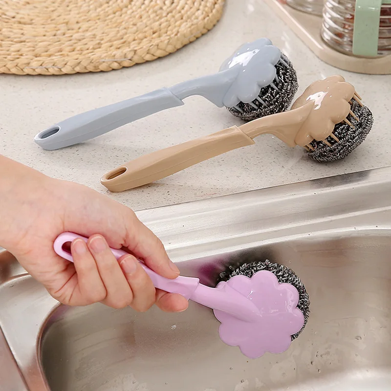 Paslanmaz çelik tel Topu Fırça Uzun Saplı Mutfak Asılı Temizleme Fırçası Tava Mutfak Bulaşık Kolu Yıkama Aracı