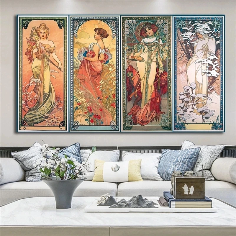 Posterler ve Baskılar Klasik Sanatçı Alphonse Mucha Retro Güzellik Tuval Boyama Duvar sanat resmi Oturma Yatak Odası Ev Dekor için