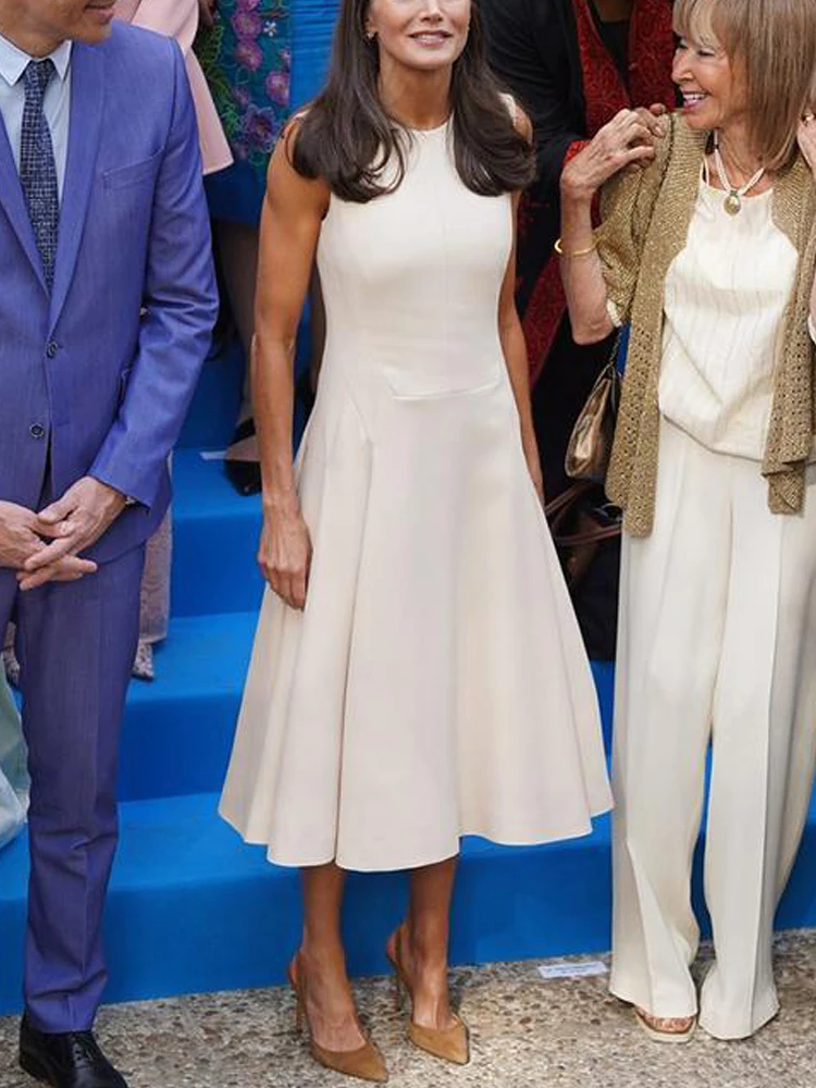 Prenses Yeni Tasarımcı Moda Yaz Yüksek Kaliteli kadın Vintage Zarif Casual Ünlü Parti İşyeri Yelek İnce Midi Elbise