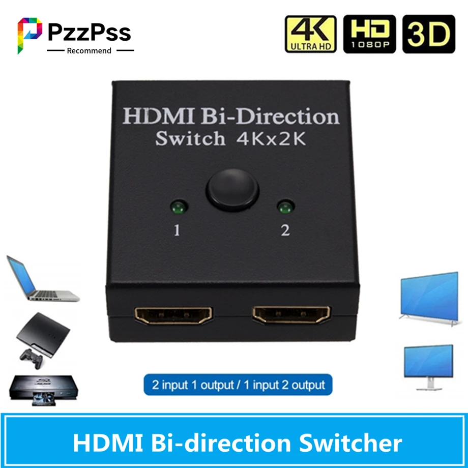 PzzPss 4 K HDMI anahtarı 2 Port Çift yönlü 1x2 / 2x1 HDMI anahtar ayırıcı Destekler Ultra HD 4 K 1080 P HDR HDCP için PS4 PC