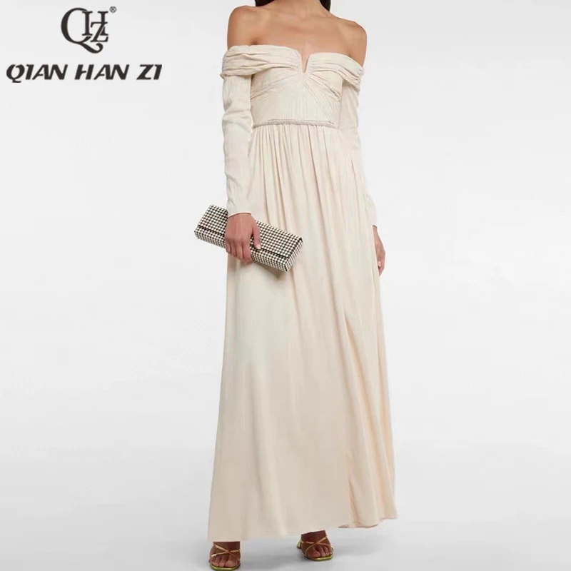 Qian Han Zi tasarımcı moda uzun elbise sonbahar kış kadın Slash boyun Seksi kıvrımlar Kristal Kemer Ince zarif beyaz maxi elbise