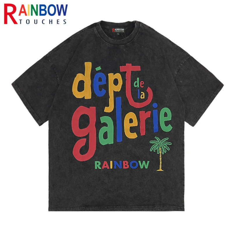 Rainbowtouches Yıkanmış T Shirt Mektup Grafik Baskı Anime T Shirt Büyük Boy Erkekler Yüksek Sokak Moda Hip Hop Unisex Graffiti Üst