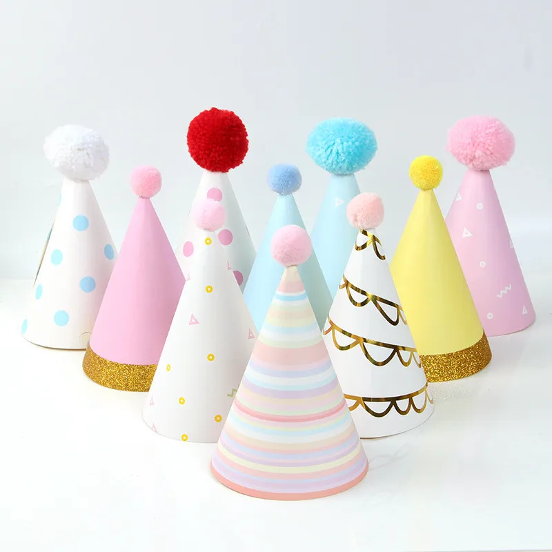 Renkli Parti Yıldız Ponpon Koni Kağıt Dıy Şapka Bebek Çocuk Çocuklar İçin Doğum Günü noel hediyesi Headdress