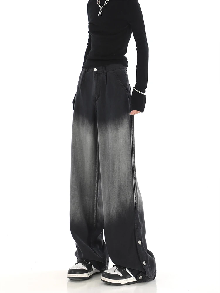 Retro Yıkama Degrade Kadın Sonbahar Kış Jean Pantolon Yüksek Bel Gevşek Geniş Bacak Düz Kadın Kot Pantolon Bayan Streetwear Şık