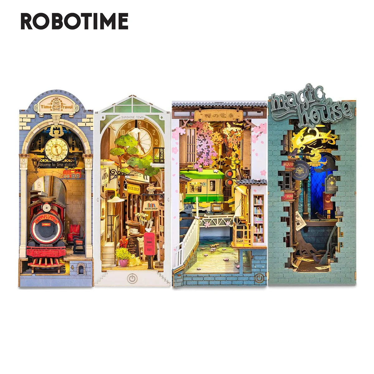 Robotime Rolife Kitap Nook DIY Dollhouse Mobilya 4 Çeşit Booknook Kitap Ayracı model seti ile led ışık Kitaplık Eklemek Dekor