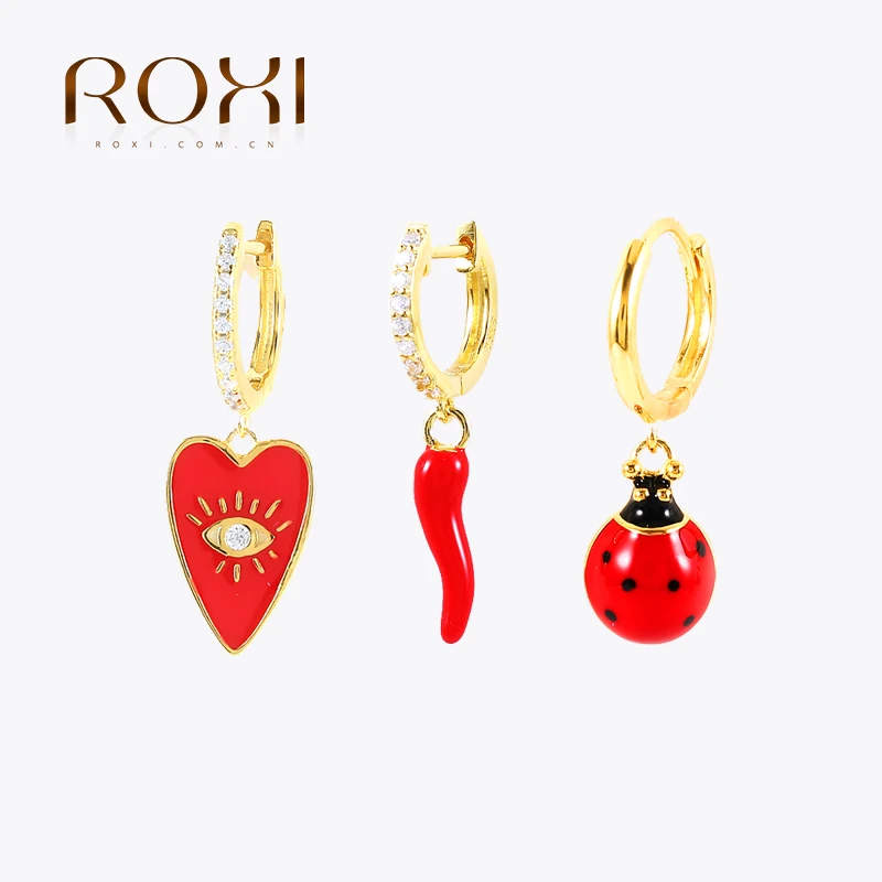 ROXI Çok Kırmızı Serisi Emaye Geometri Hoop Küpe Kadınlar İçin 925 Ayar Gümüş Küpe Takı Pendiente Plata 925 Hediyeler