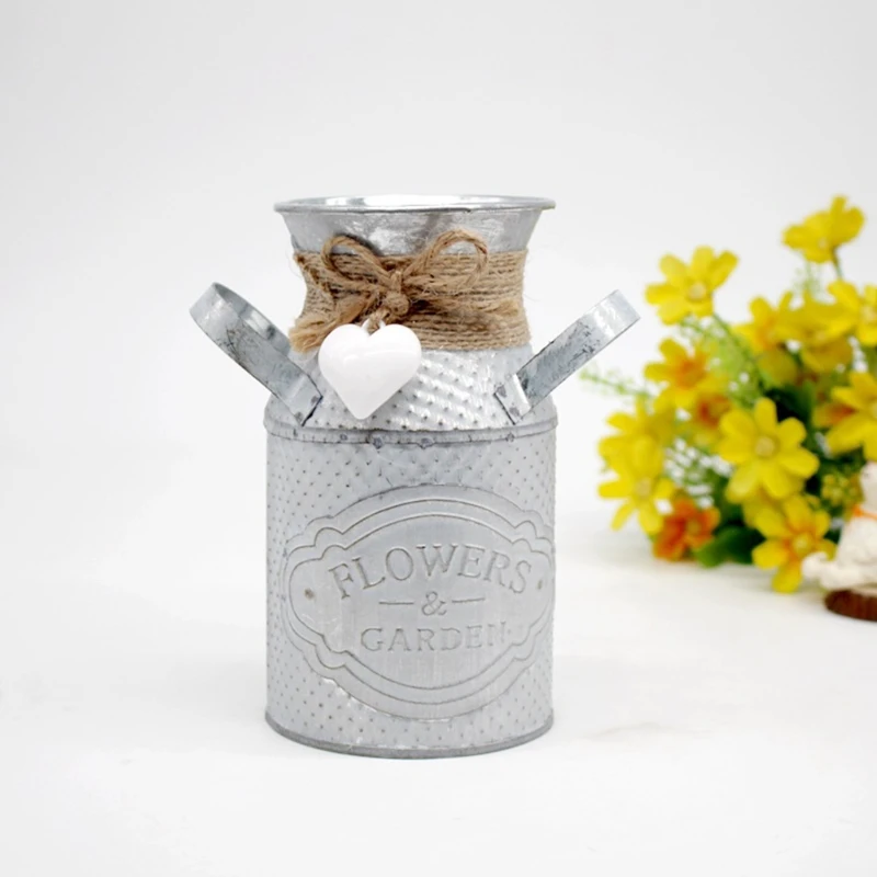 Rustik Silindirik Çiçek Saksıları Sulama süt sürahisi Vazo Çift Saplı cezve Şekilli Saksı Vintage İlkel