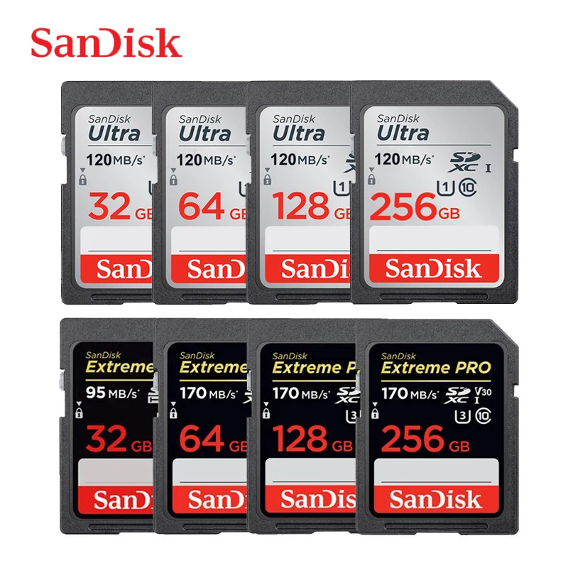 SanDisk SD Kart 32 GB 64 GB 128 GB 256 GB Hafıza Kartı 120 mb/s U1 170 mb/s U3 V30 4 K Canon Nikon SLR Kamera İçin Çekim 4 K Video