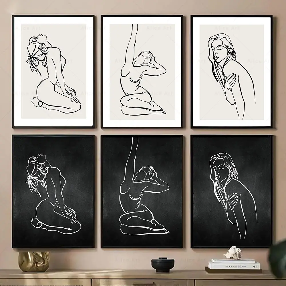 Seksi Kadın duvar sanat posterleri Çıplak Kız Baskı Soyut Çizgi Minimalist Tuval Boyama Duvar Resimleri İçin Oturma Odası Ev Dekor